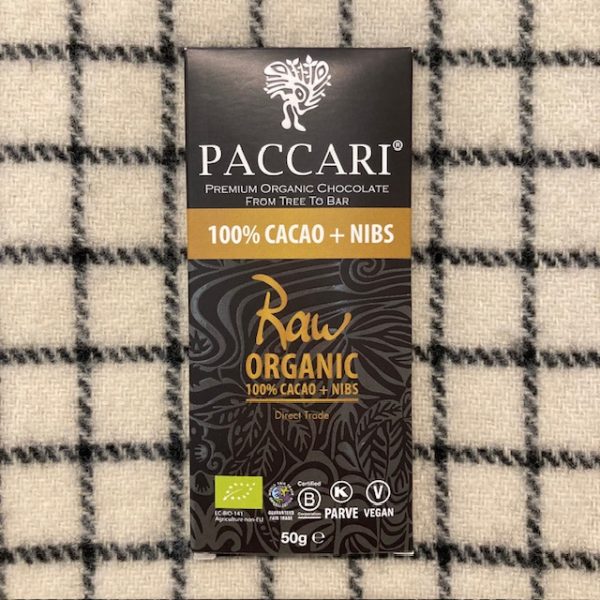 Paccari Raw 100% + nibs chocoladereep BIO